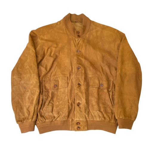 Bomber Jacket Mens Large Brown Suede Leather Pockets Long Sleeve Button Front