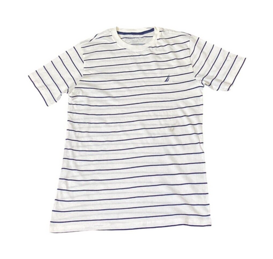 Nautica T-Shirt Boys Large (14-16) White Striped 100% Cotton Crew Neck Pullover