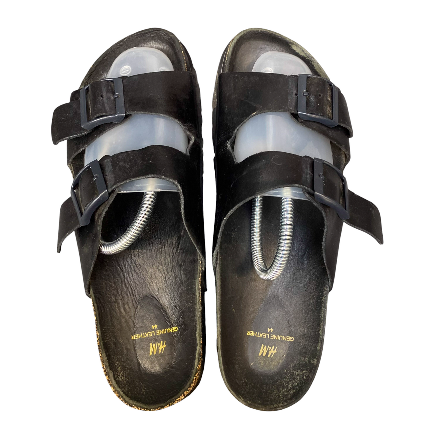 H&M Slide Sandals Mens UK 9.5 Black Genuine Leather Dual Buckle Strap Slip On