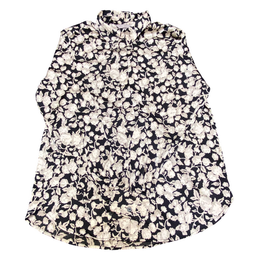 H&M Shirt Top Womens M Black White Floral Long Sleeve Clollared Button Down