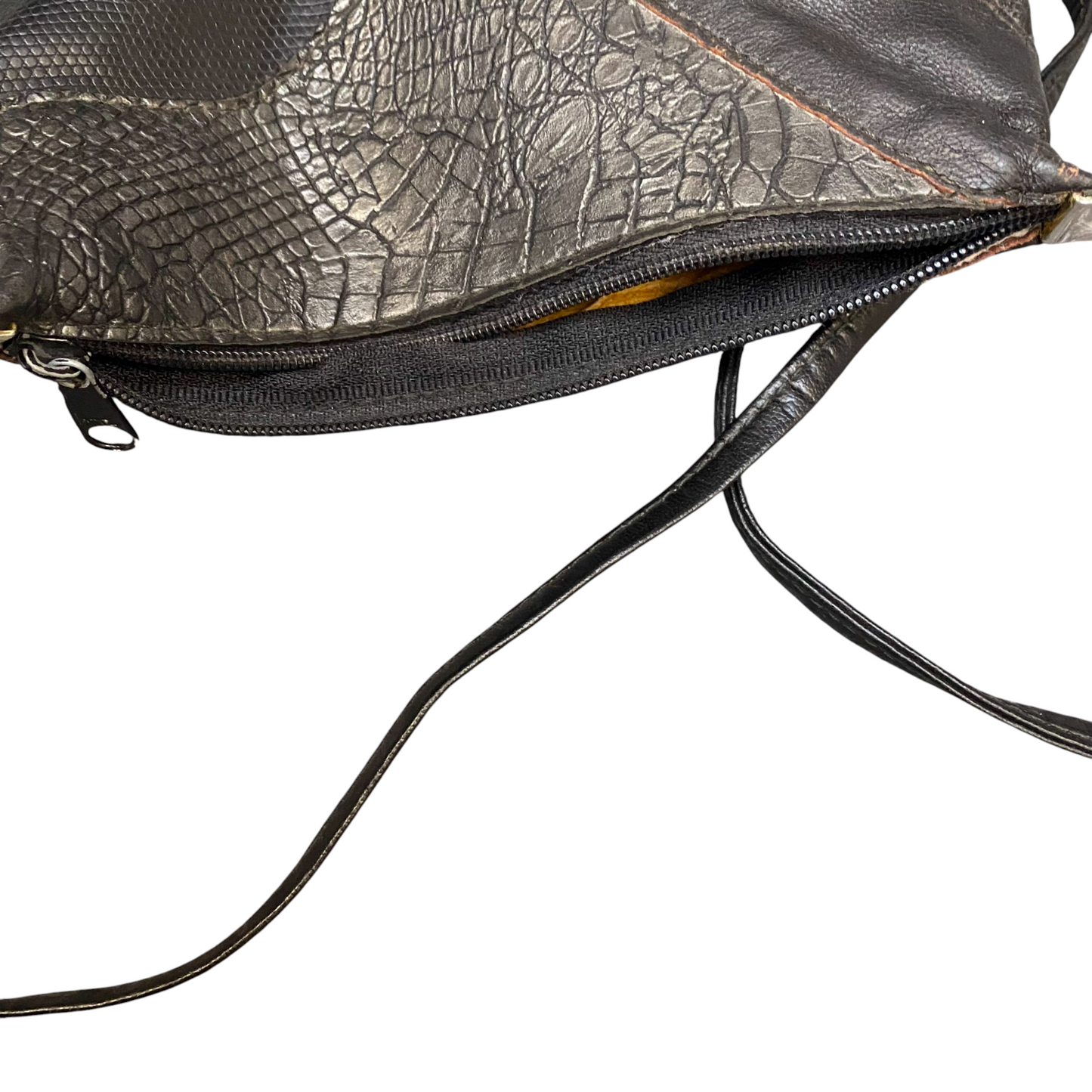 Womens Crossbody Bag Black Croc Patchwork Leather Classic Travel Zip Closure
