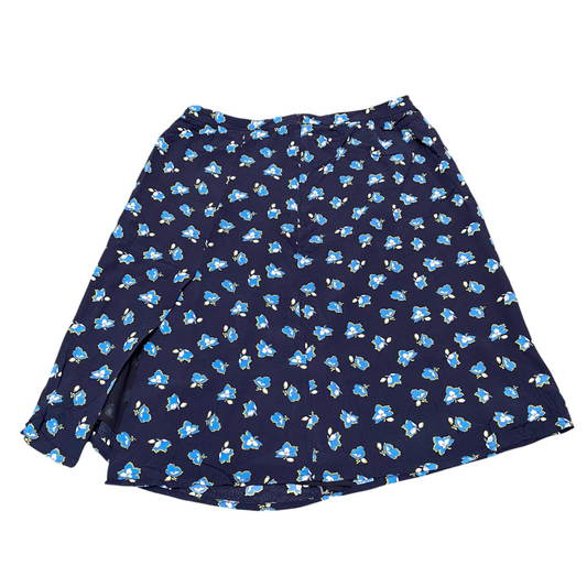 Womens A-Line Skirt L Blue Floral Print Lightweight Back Slit and Zipper Pull On