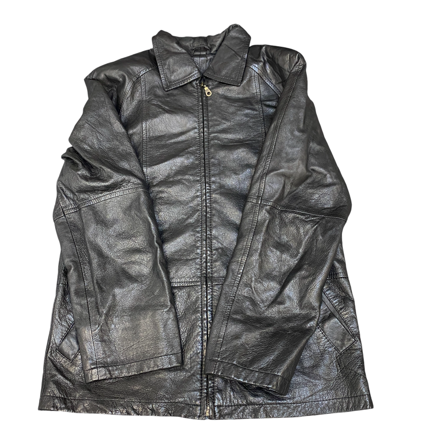 Womens Leather Jacket Medium Black Lined Classic Long Sleeve Collared Full Zip