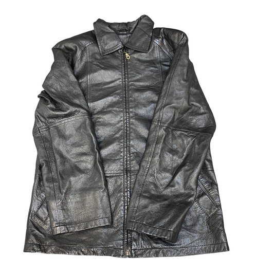 Womens Leather Jacket Medium Black Lined Classic Long Sleeve Collared Full Zip