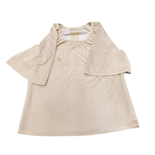 Blouse Top Womens L Cream Metallic Glitter Pleated Flared Sleeve Square Neck