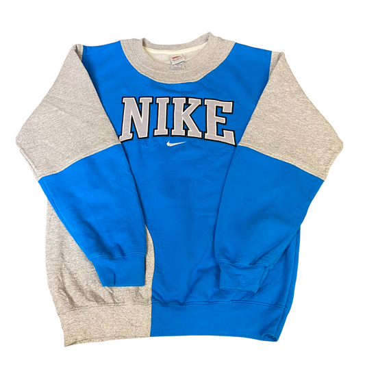 Nike Reworked Sweatshirt Mens M Grey Blue Embroidered Spellout Logo Vintage Y2K