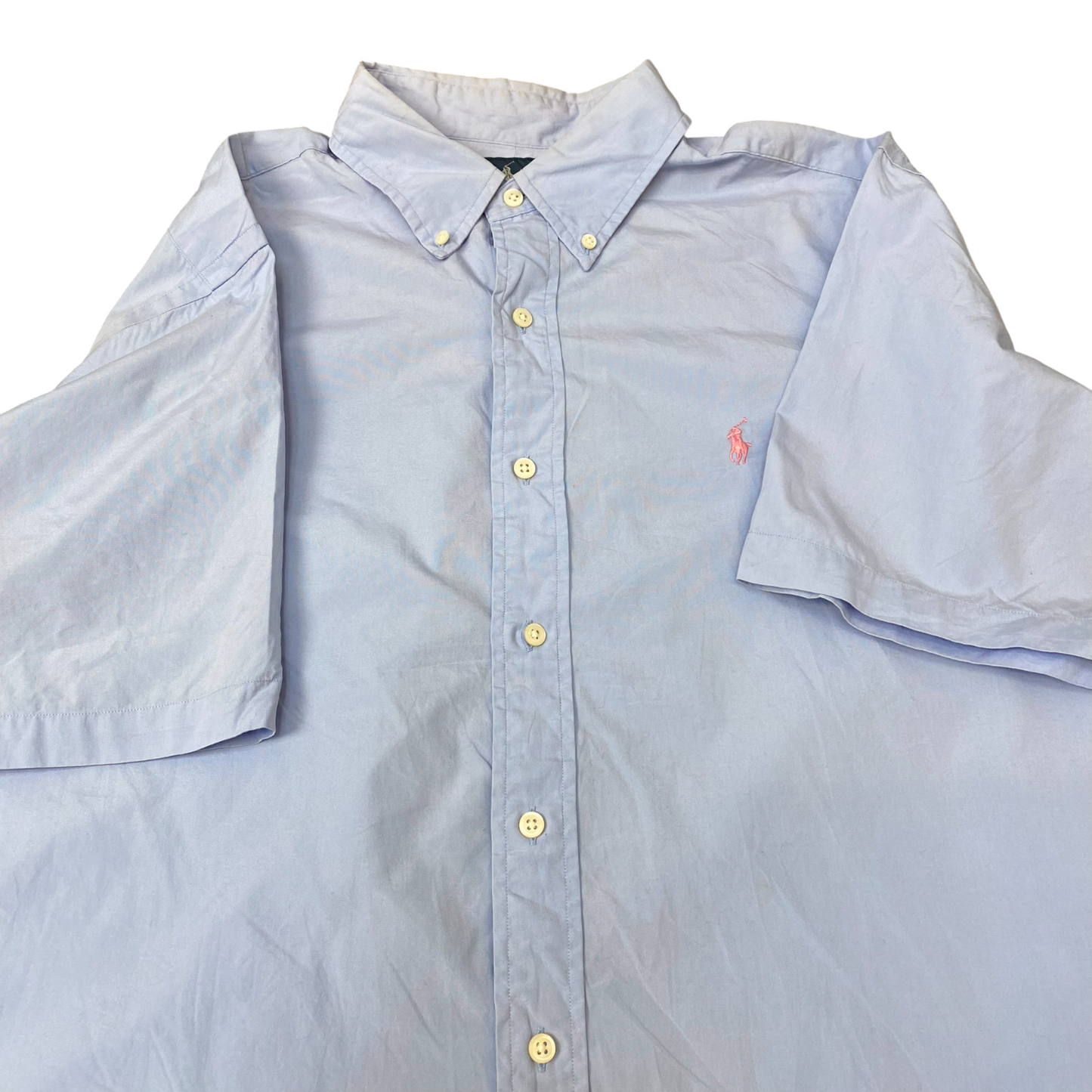 Ralph Lauren Shirt Mens L Blue Classic Fit Short Sleeve Brown Pony Button Down