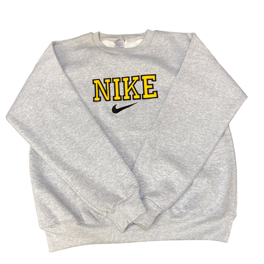 Nike Reworked Sweatshirt Mens Medium Grey Embroidered Spellout Logo Vintage Y2K