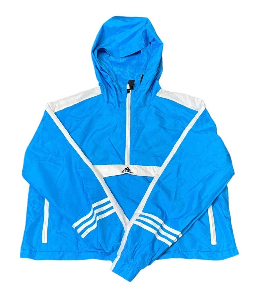 Adidas Windbreaker Jacket Womens L (16-18) Blue White Hooded 1/4 Zip Long Sleeve