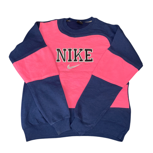 Nike Reworked Sweatshirt Mens S Navy Pink Embroidered Spellout Logo Vintage Y2K