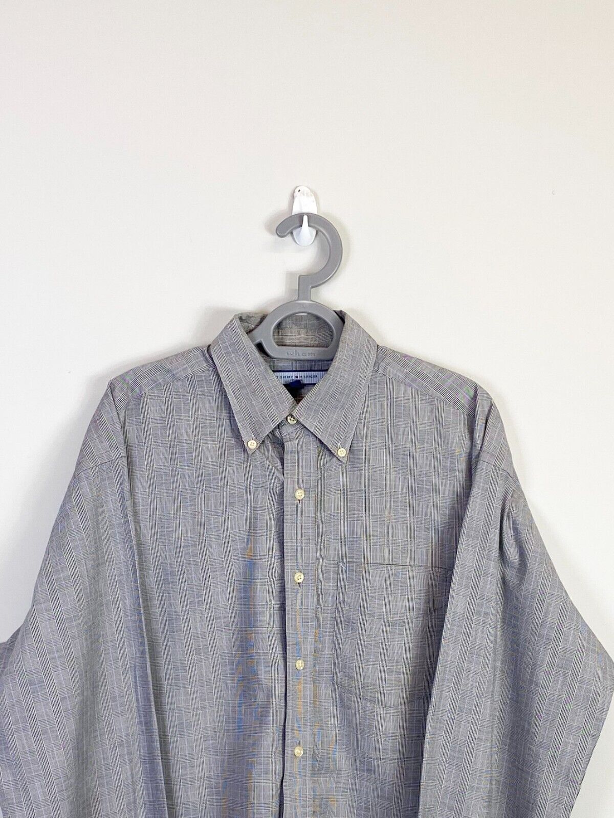 Tommy Hilfiger Dress Shirt Men Large Grey Striped Cotton Long Sleeve Button Down