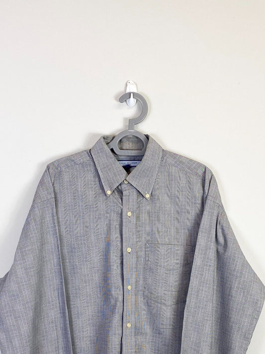 Tommy Hilfiger Dress Shirt Men Large Grey Striped Cotton Long Sleeve Button Down