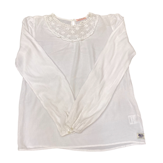 Blouse Top Womens L White Lace Trim Crew Neck Long Sleeve Keyhole Back Pullover