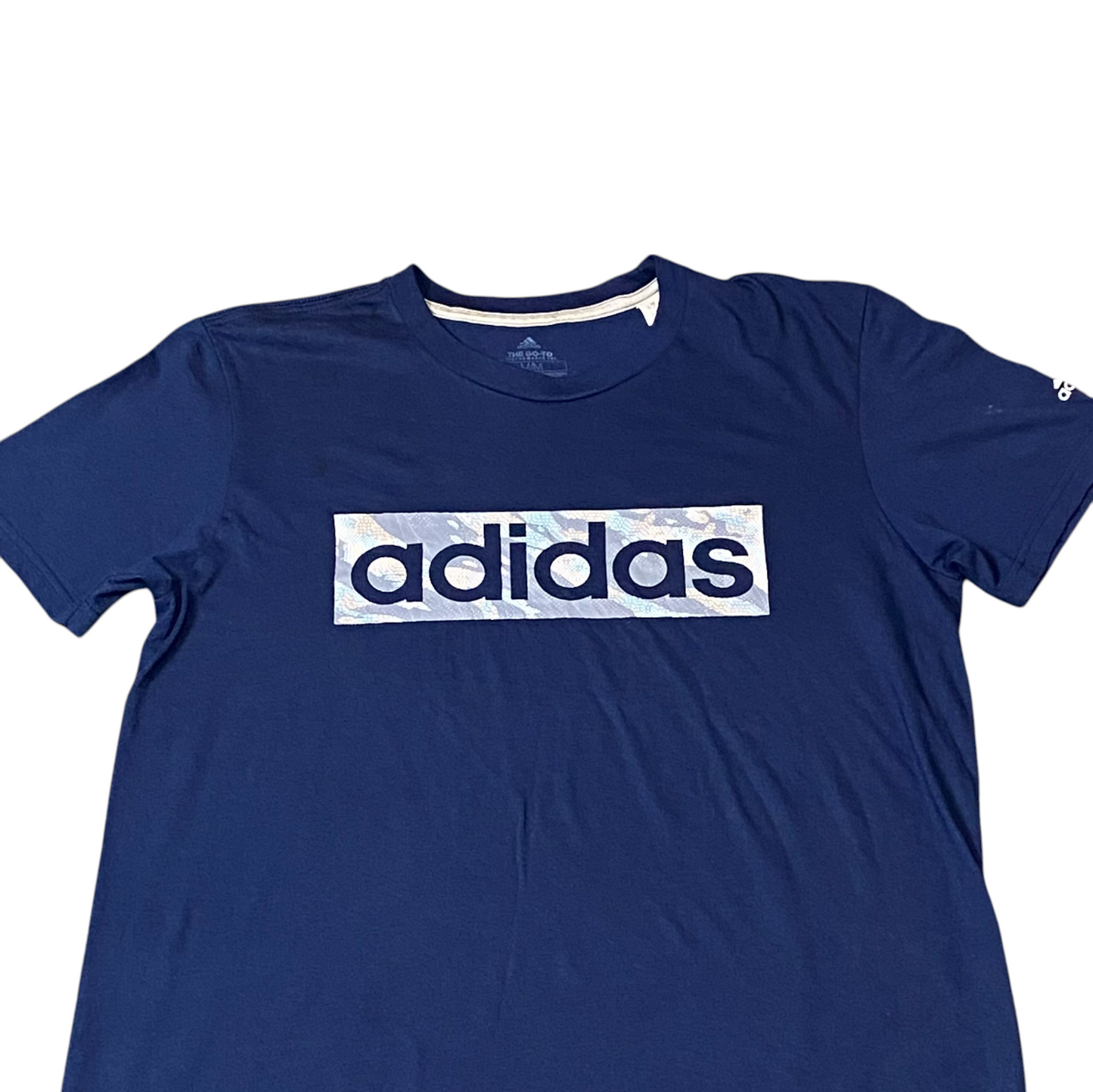 adidas Tee Shirt Mens Medium Blue Spellout Logo Short Sleeve Go-To Performance