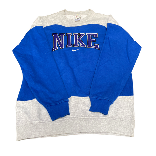 Nike Reworked Sweatshirt Mens M Blue Grey Embroidered Spellout Logo Vintage Y2K
