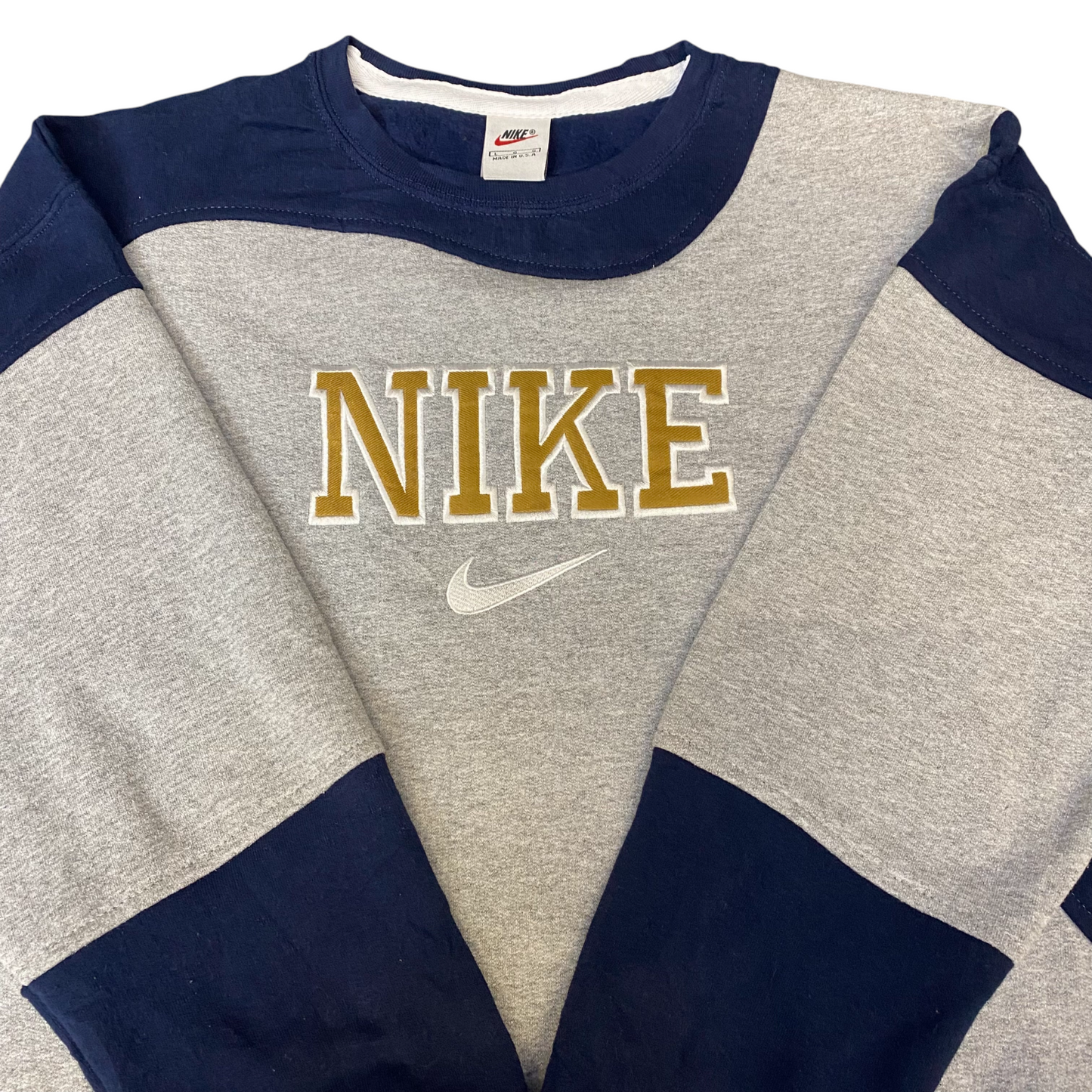 A515 Nike Reworked Sweatshirt Mens Large Navy Grey Embroidered Spellout Logo Vtg