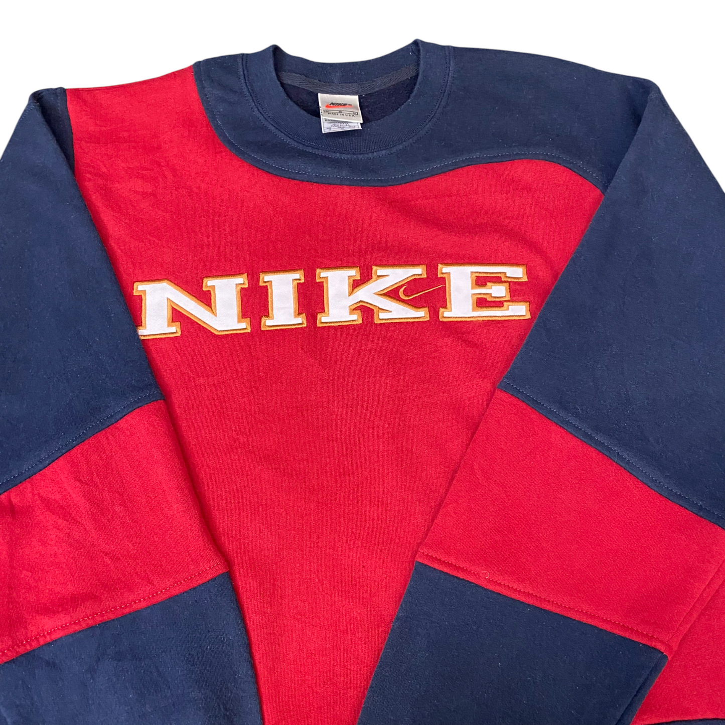 Nike Reworked Sweatshirt Mens M Navy Red Embroidered Spellout Logo Vintage Y2K
