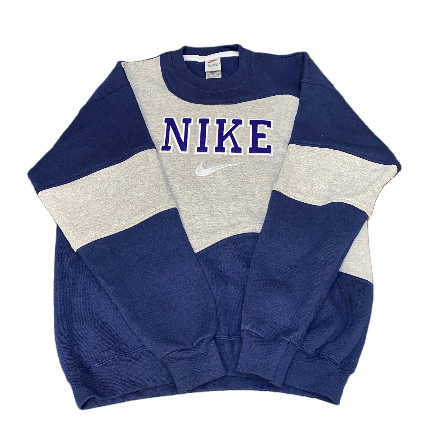 Nike Reworked Sweatshirt Mens M Grey Blue Embroidered Spellout Logo Vintage Y2K