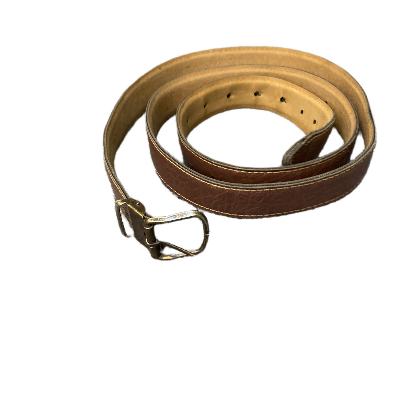 Waist Belt Mens Brown Leather Contrasting Yellow Stitching Buckle 50.5 Inches
