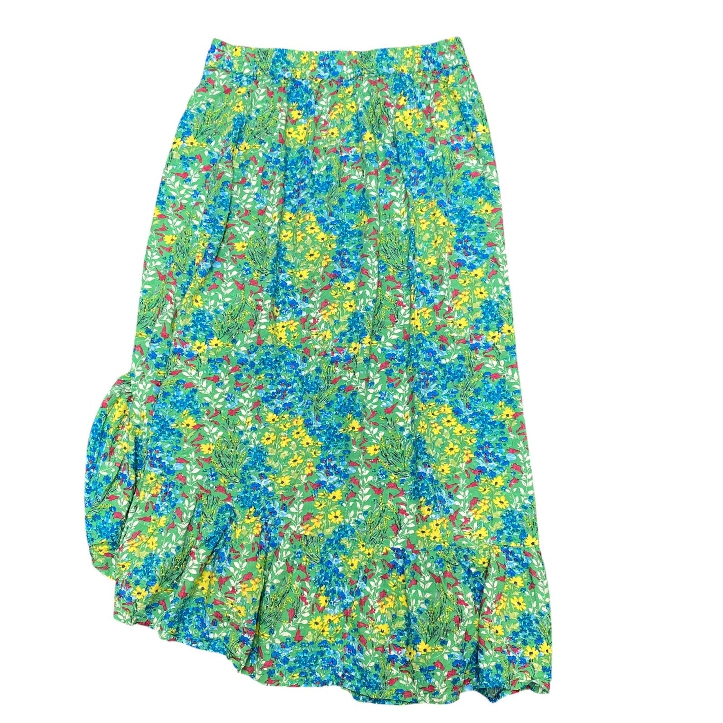 Promod Wrap Skirt Womens M Green Floral Ruffle Detail Elastic Waist Outdoor