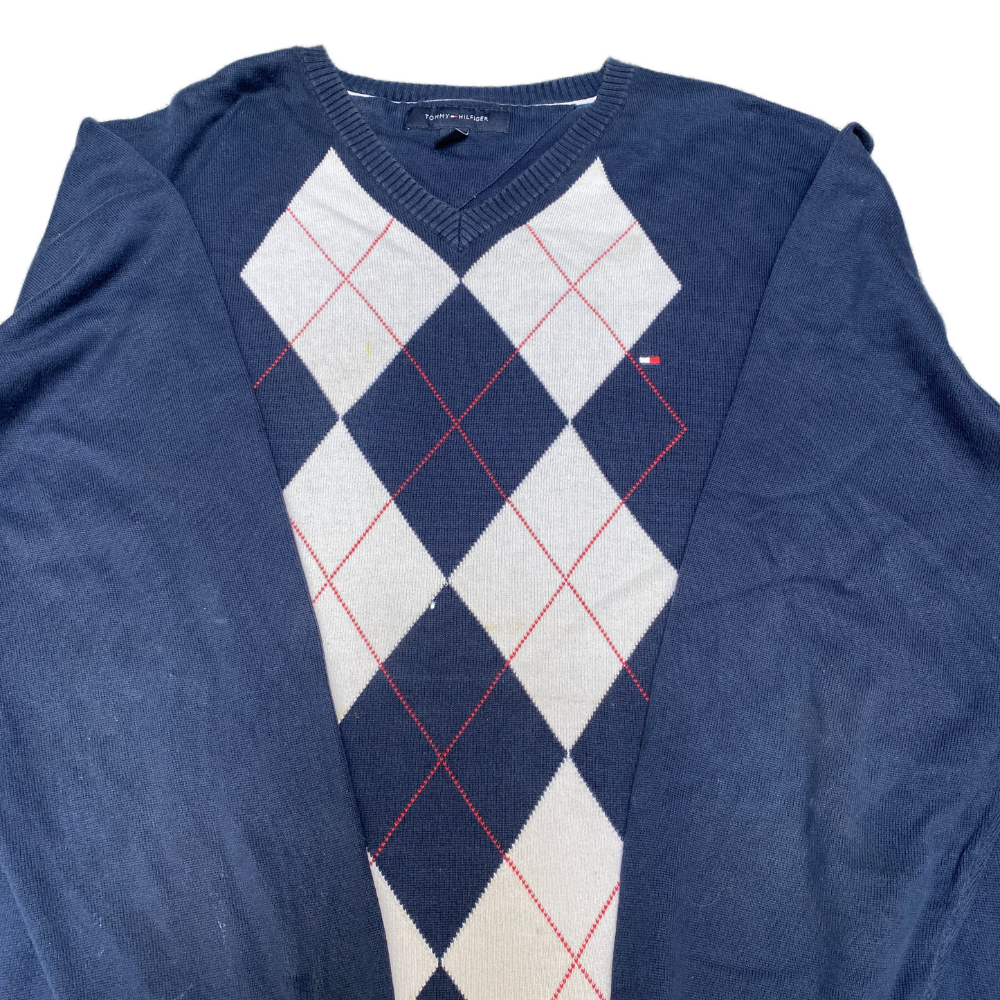 Tommy Hilfiger Jumper Mens Large Blue Argyle Diamond Embroidered V Neck Pullover