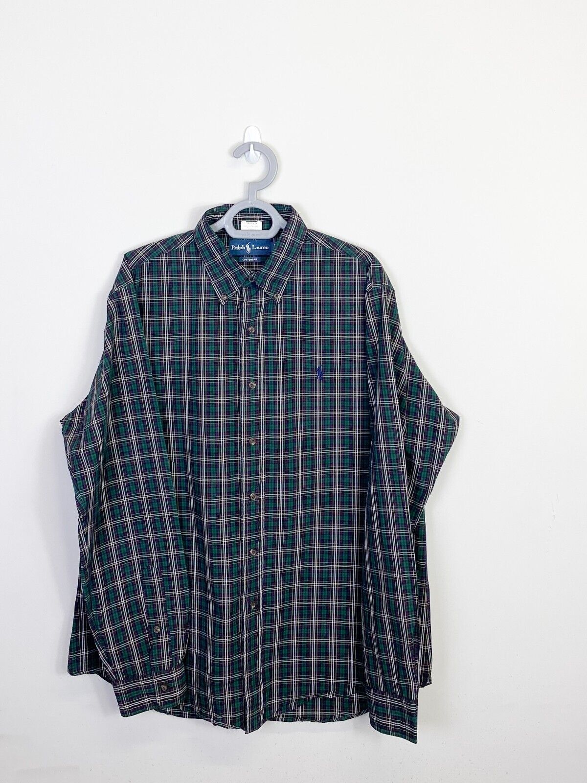 Ralph Lauren Shirt Mens Large Green Plaid Custom Fit Blue Small Polo Pony Logo