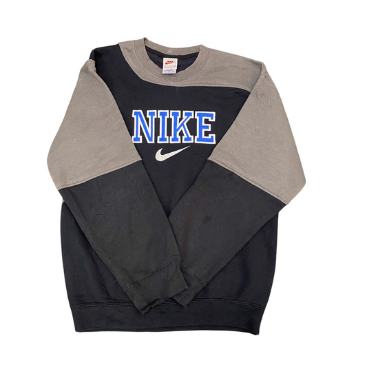 Nike Reworked Sweatshirt Mens S Black Brown Embroidered Spell Out Logo Crew Neck