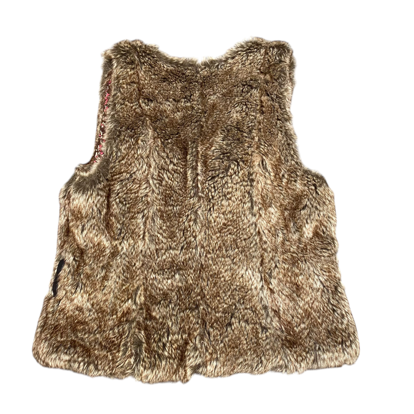 Promod Faux Fur Vest Womens Small Brown Floral Lined Boho Chic Sleeveless V Neck