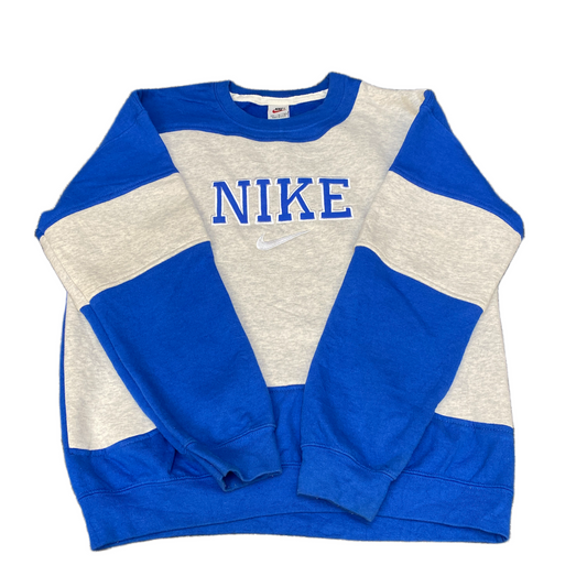Nike Reworked Sweatshirt Mens M Blue Grey Embroidered Spellout Logo Vintage Y2K