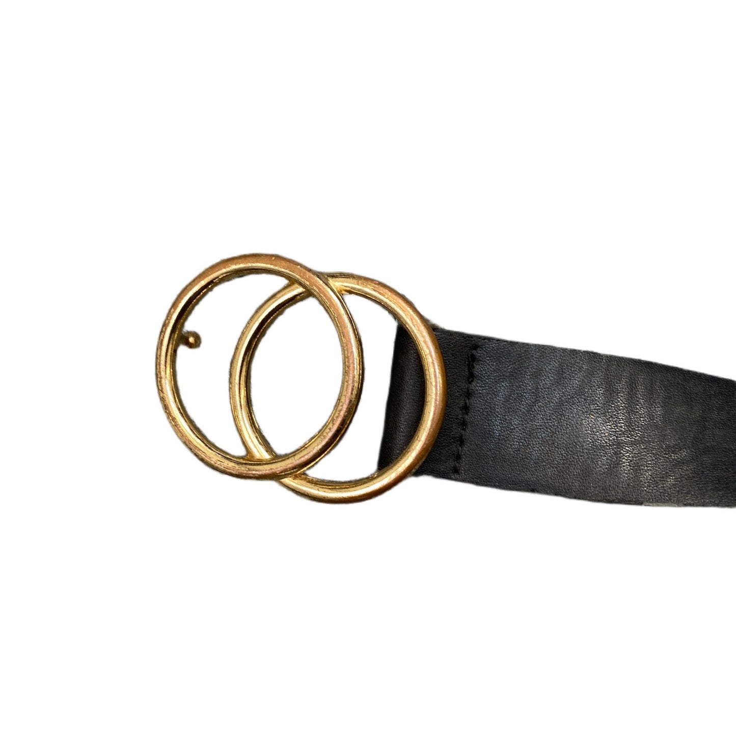 Waist Belt Womens Black Leather Gold Tone Double Circle Buckle 36.5 Inches