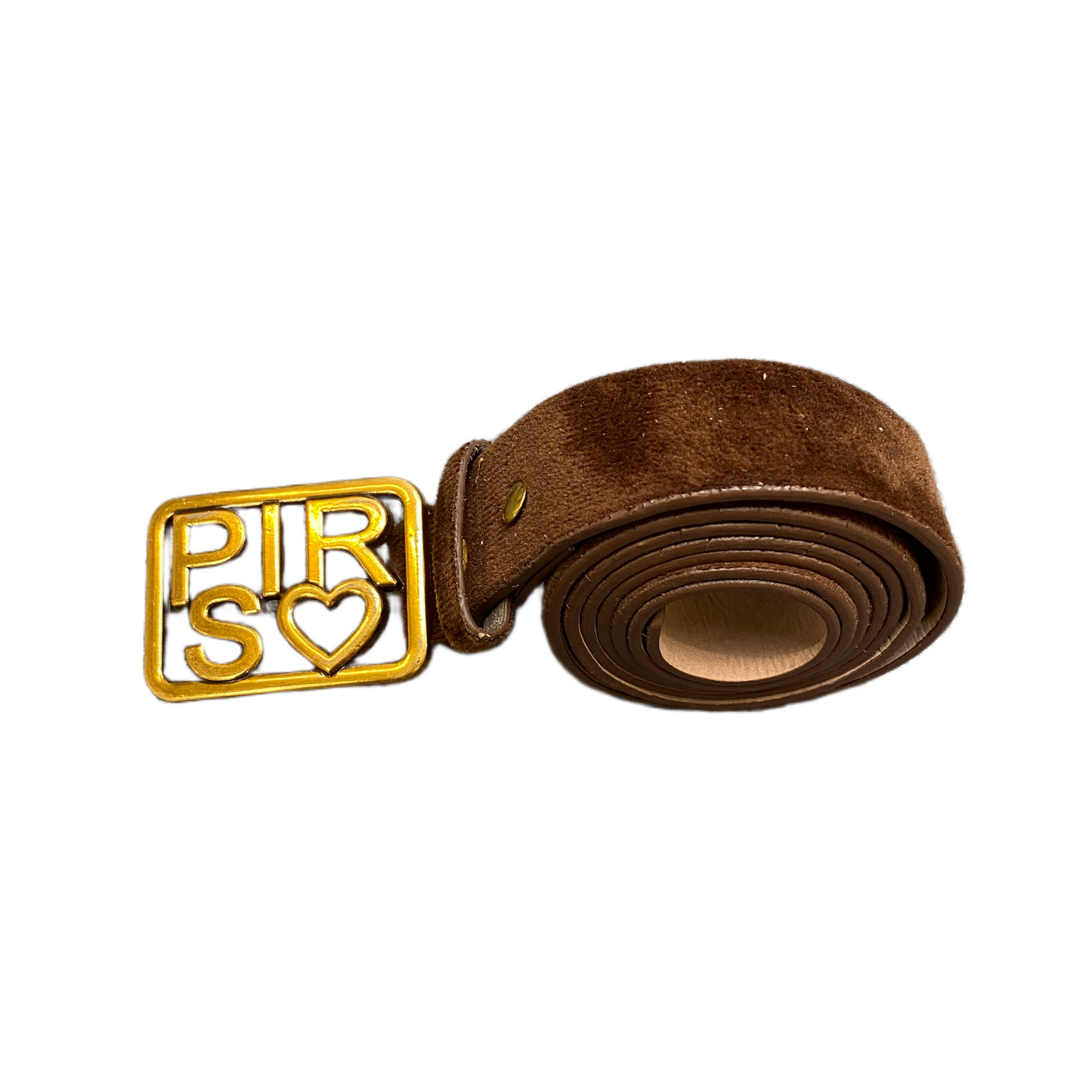 Mens Waist Belt Brown Leather Adjustable Gold Tone PLRS Heart Buckle 41.5 inches