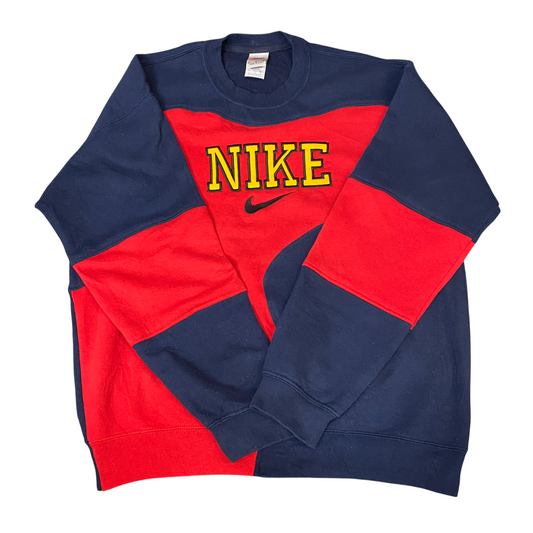 Nike Reworked Sweatshirt Mens L Navy Red Embroidered Spellout Logo Vintage Y2K