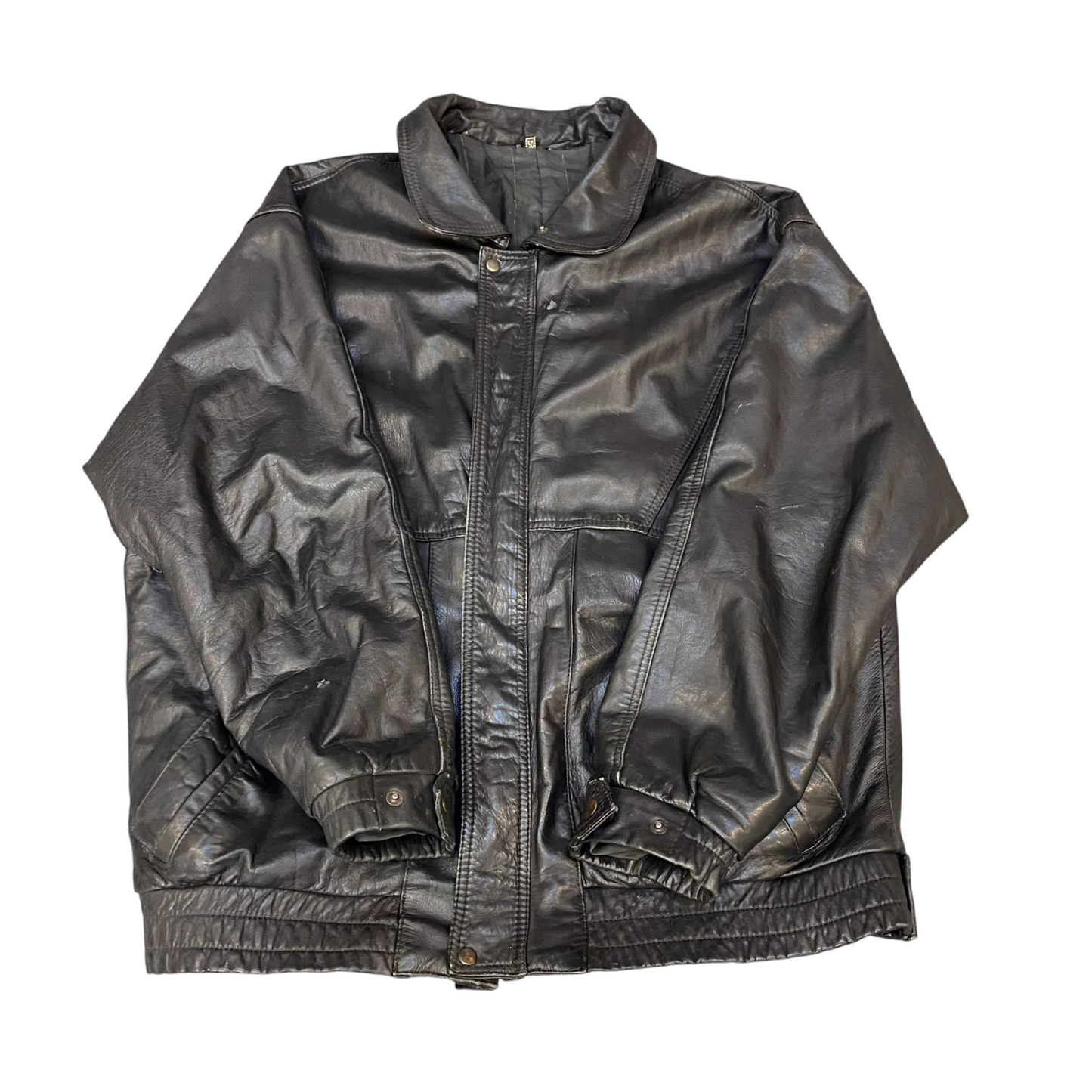 Mens Leather Jacket Large Black Lined Collared Snap Button Elasticated Hem