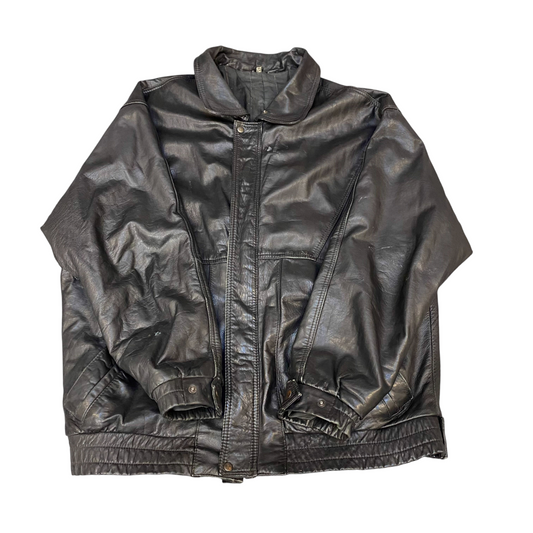 Mens Leather Jacket Large Black Lined Collared Snap Button Elasticated Hem