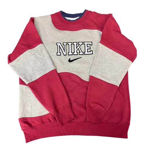 Nike Reworked Sweatshirt Mens M Red Grey Embroidered Spellout Logo Vintage Y2K