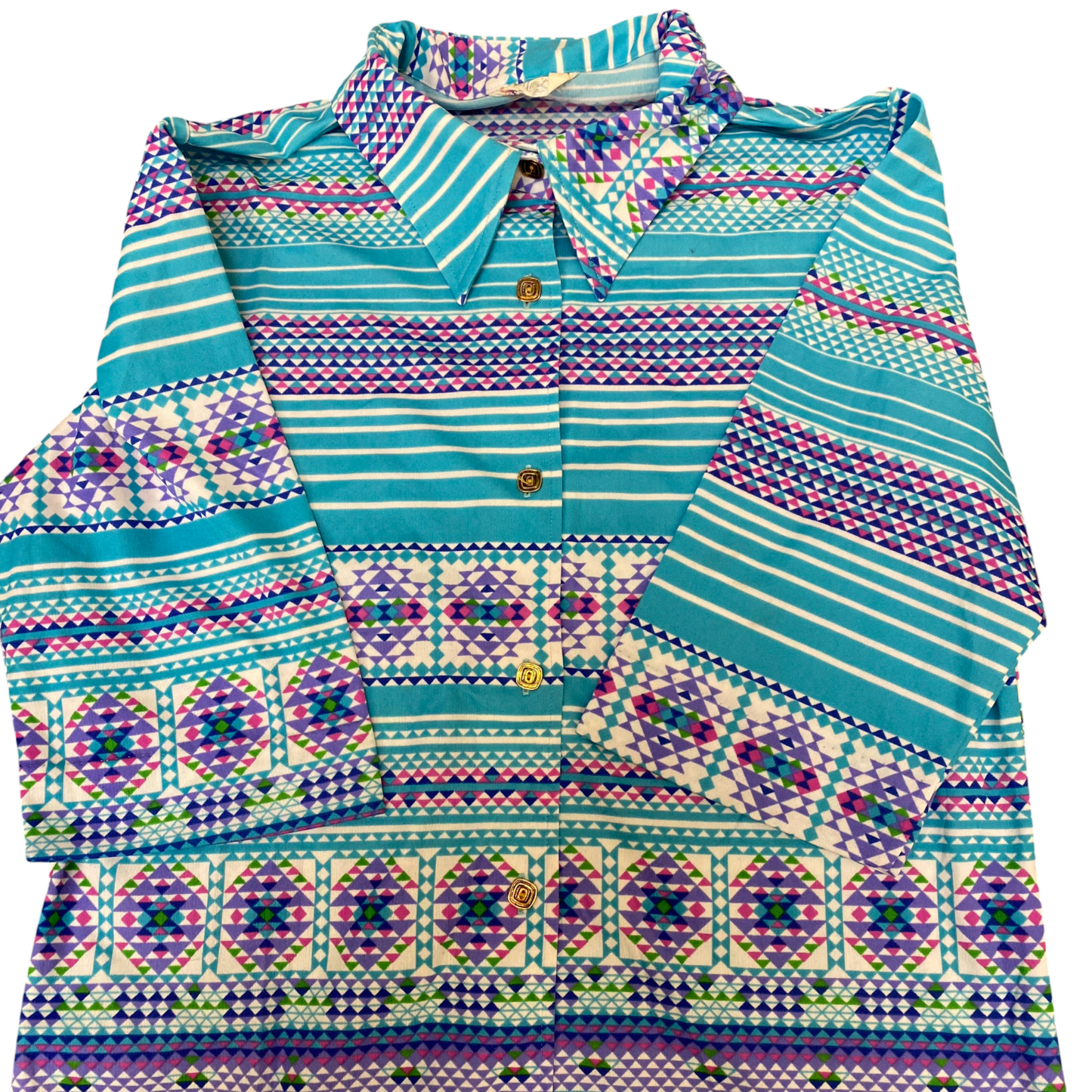 Shirt Top Womens M Blue Aztec Print Casual Short Sleeve Collared Button Front