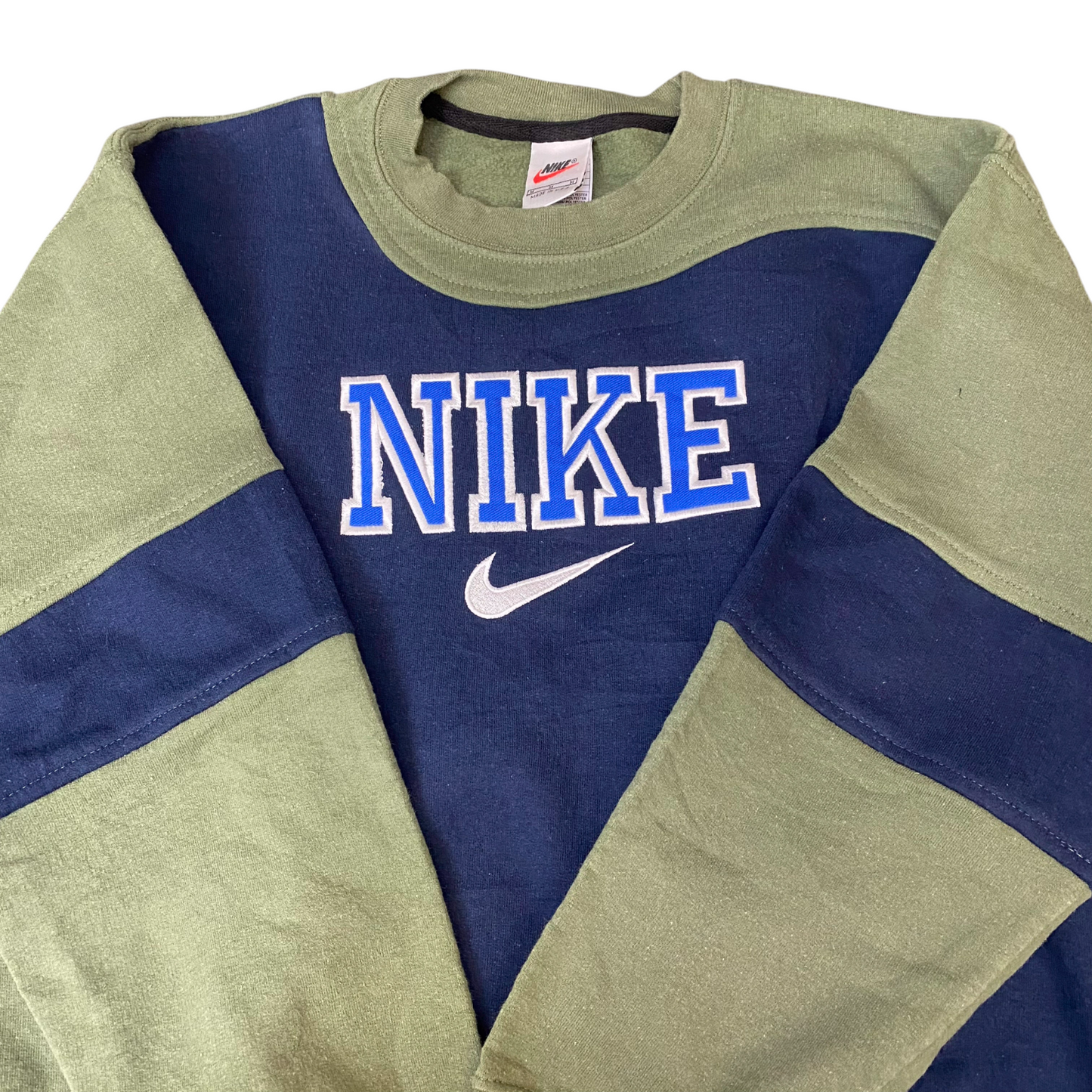Nike Reworked Sweatshirt Mens M Navy Green Embroidered Spellout Logo Vintage Y2K