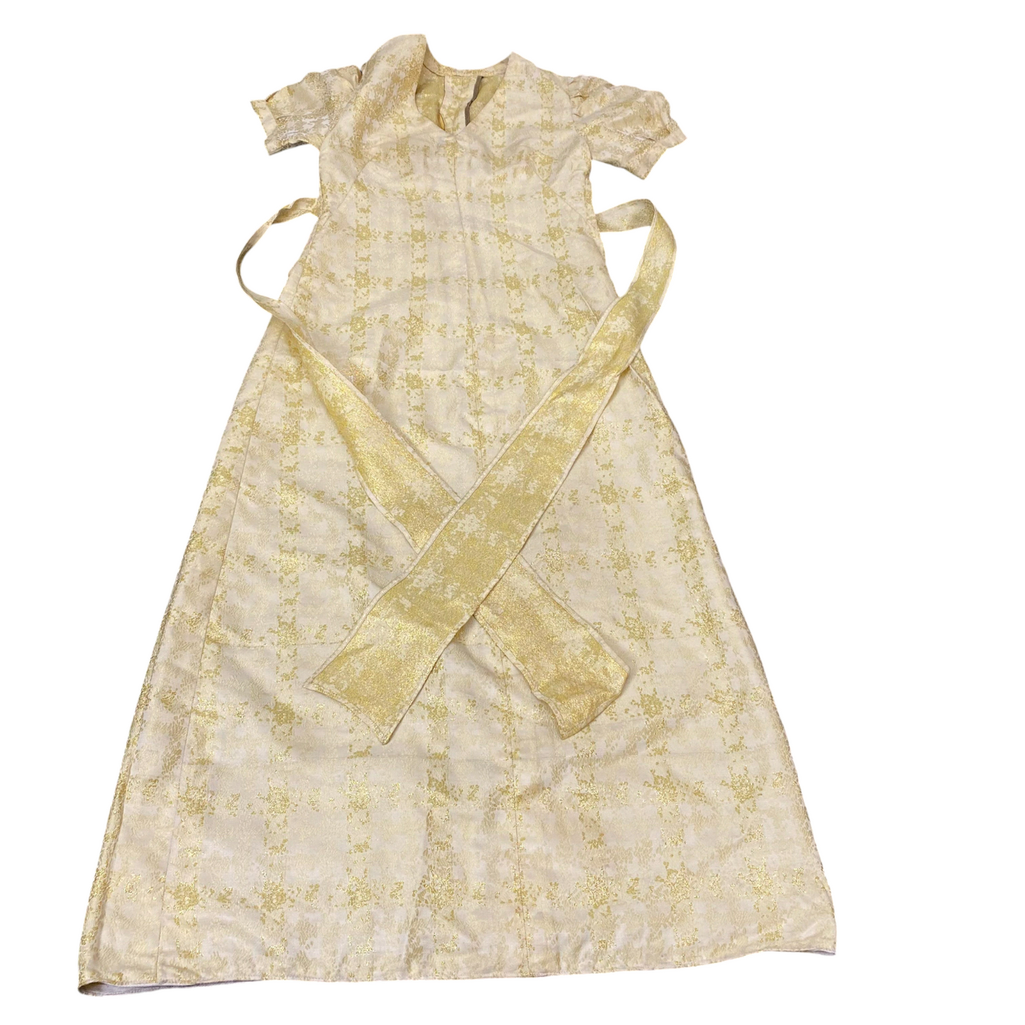 Long Maxi Dress Womens S Green Glitter Belted Short Sleeve V-Neck Pullover