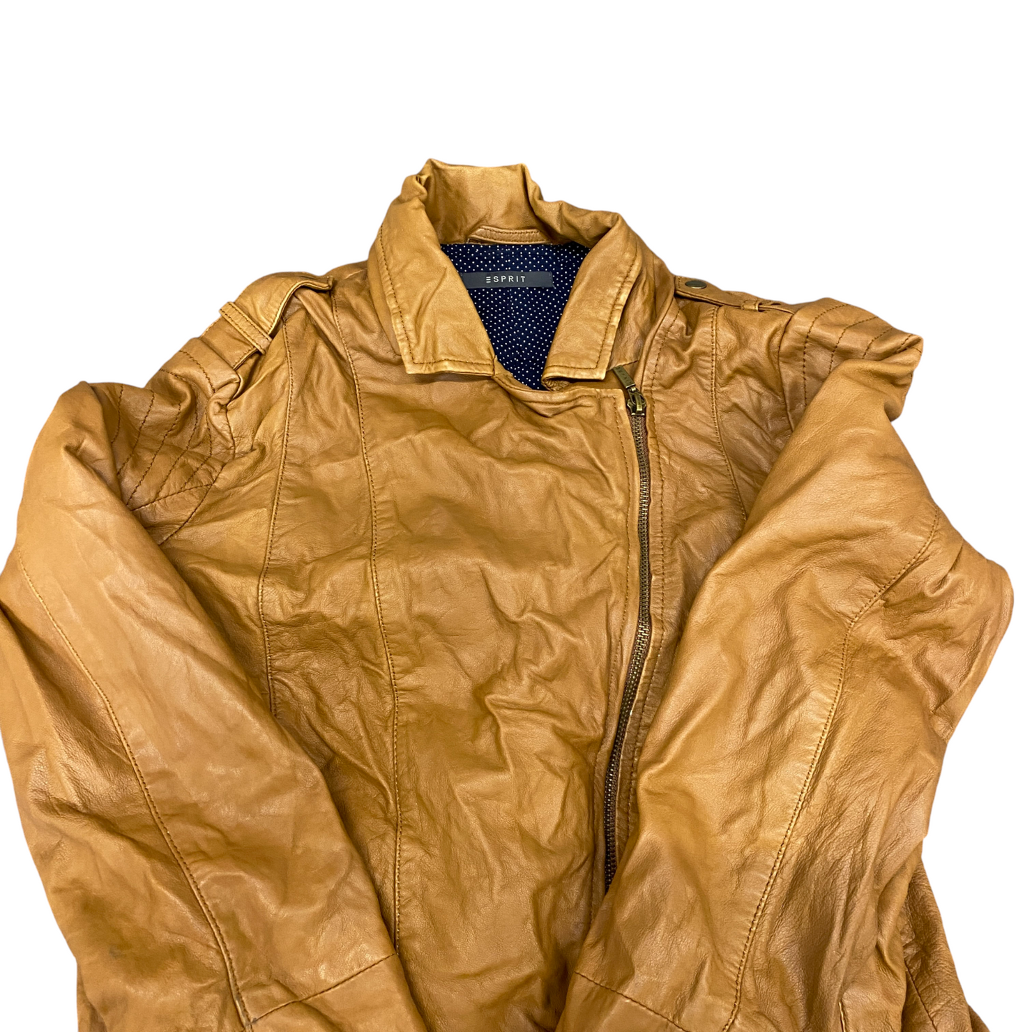 Esprit Leather Motorcycle Jacket Womens Medium Brown Notch Lapel Single Breasted