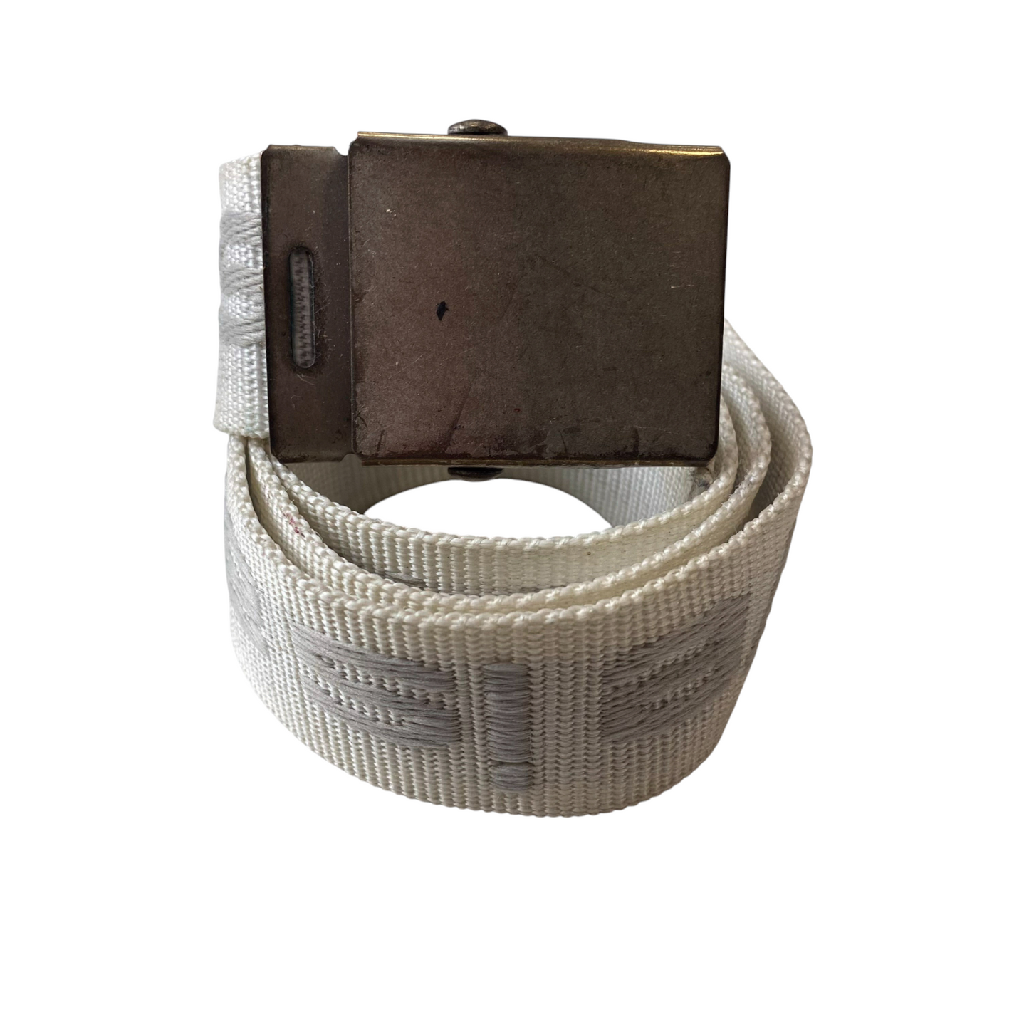 Vintage Mens Webbing Military Belt White Printed Canvas Metal Buckle Size 37 in