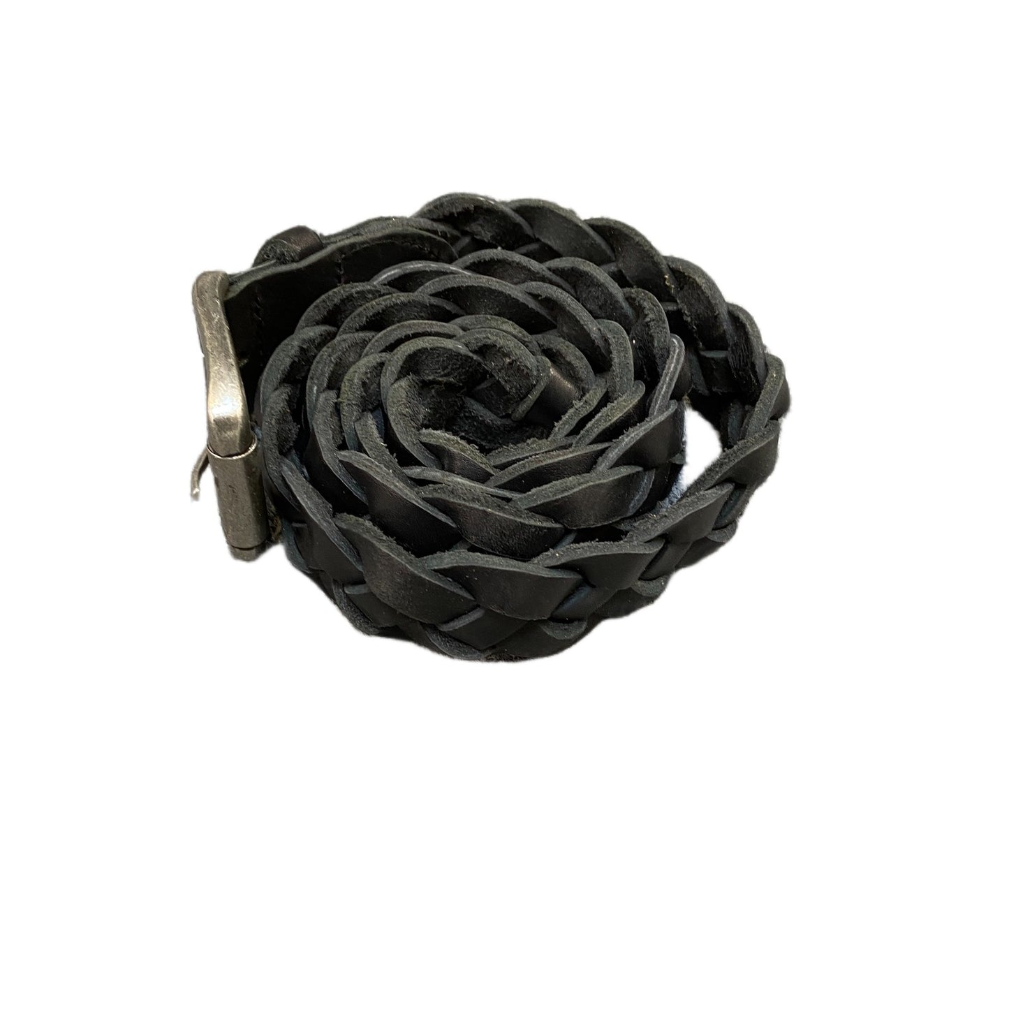 Waist Belt Mens Black Leather Braided Woven Silver Roller Buckle 40 Inches