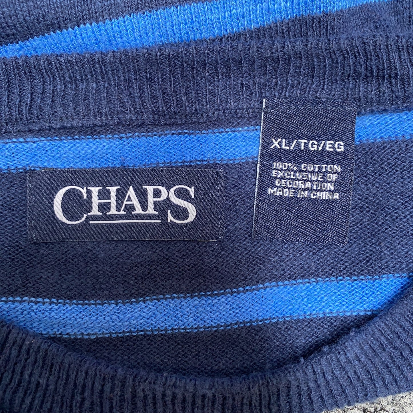 Chaps Jumper Mens XL Navy Blue Striped Knit Relaxed Fit Raglan Sleeve Pullover