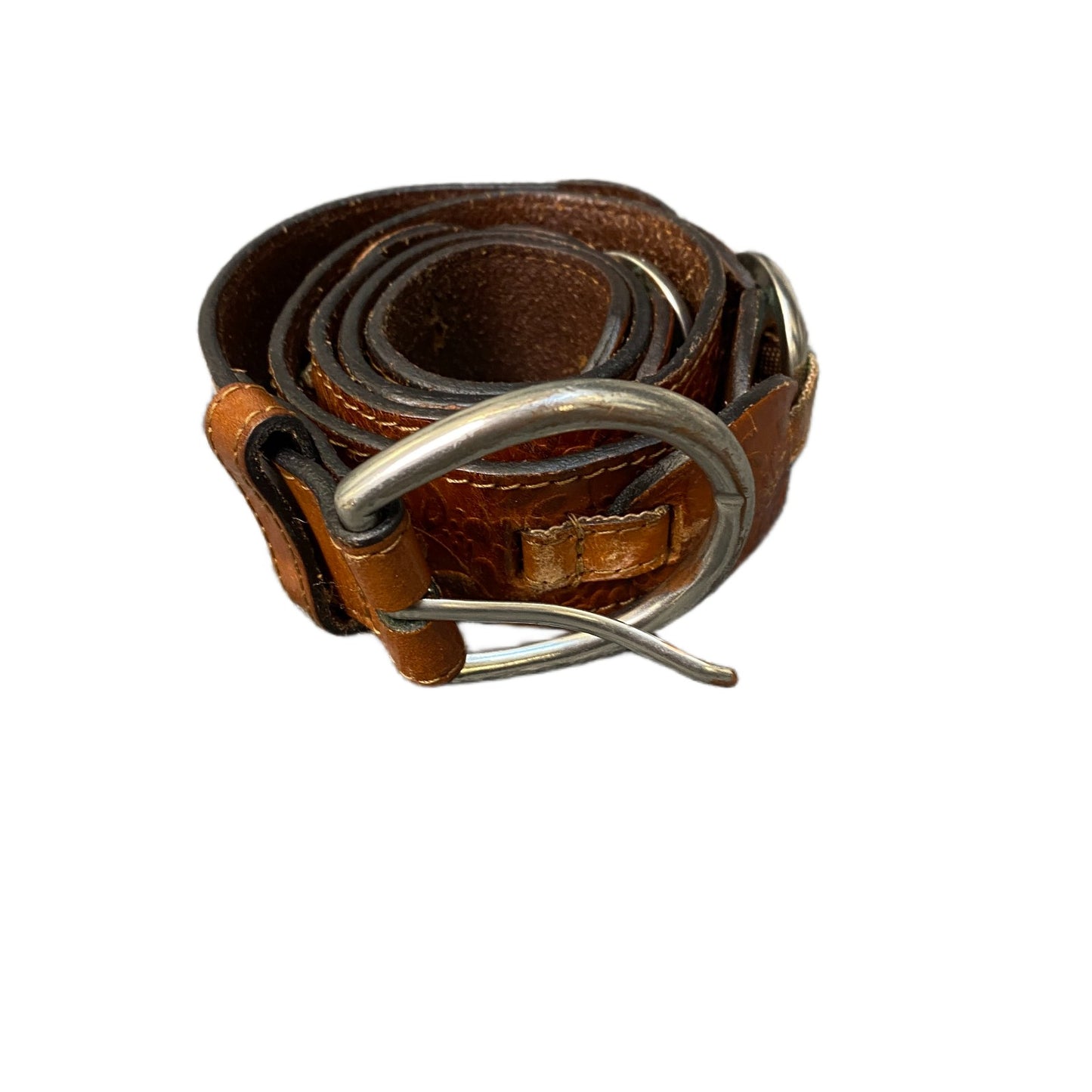 Waist Belt Women Brown Embossed Leather Tooling Floral Silver Buckle 38 inches