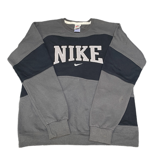 Nike Reworked Sweatshirt Mens S Grey Black Embroidered Spellout Logo Vintage Y2K