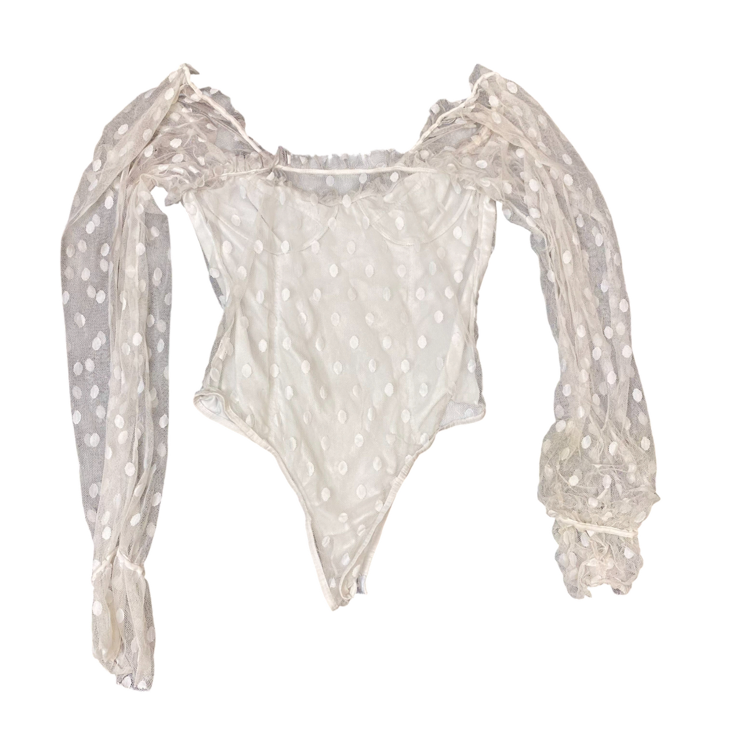 Bodysuit Womens S White Polka Dot Mesh Off Shoulder Balloon Long Sleeve Outdoor