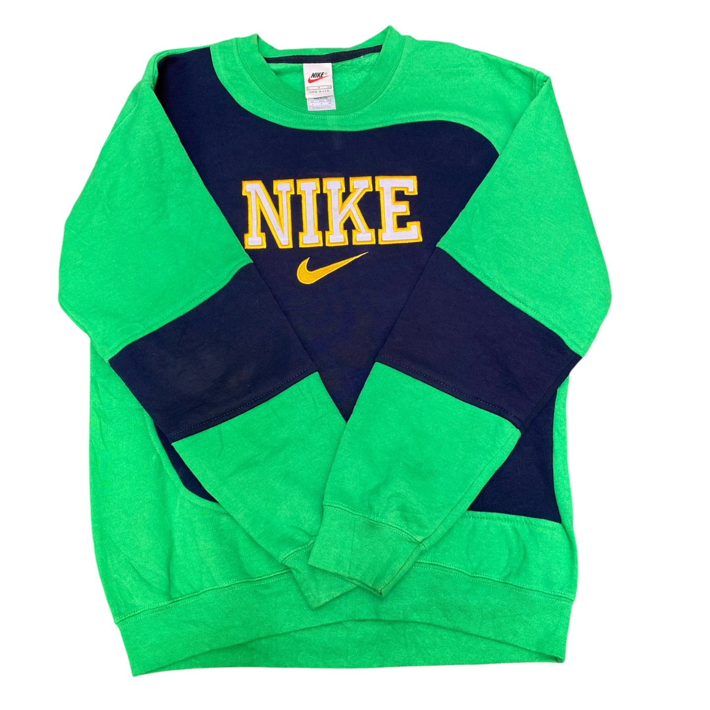 Nike Reworked Sweatshirt Mens Small Green Blue Embroidered Spell Out Logo Y2K