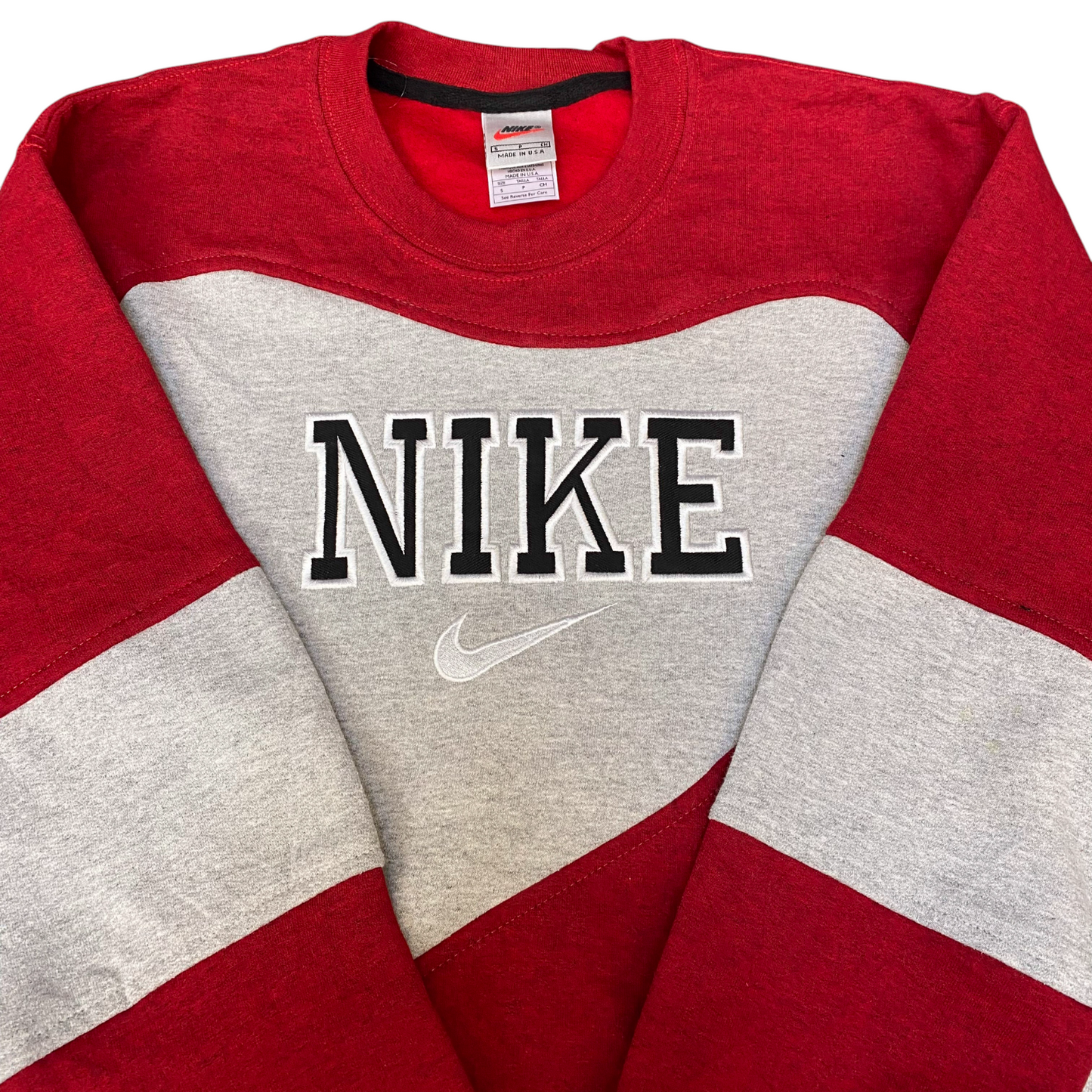 Nike Reworked Sweatshirt Mens S Red Grey Embroidered Spellout Logo Vintage Y2K