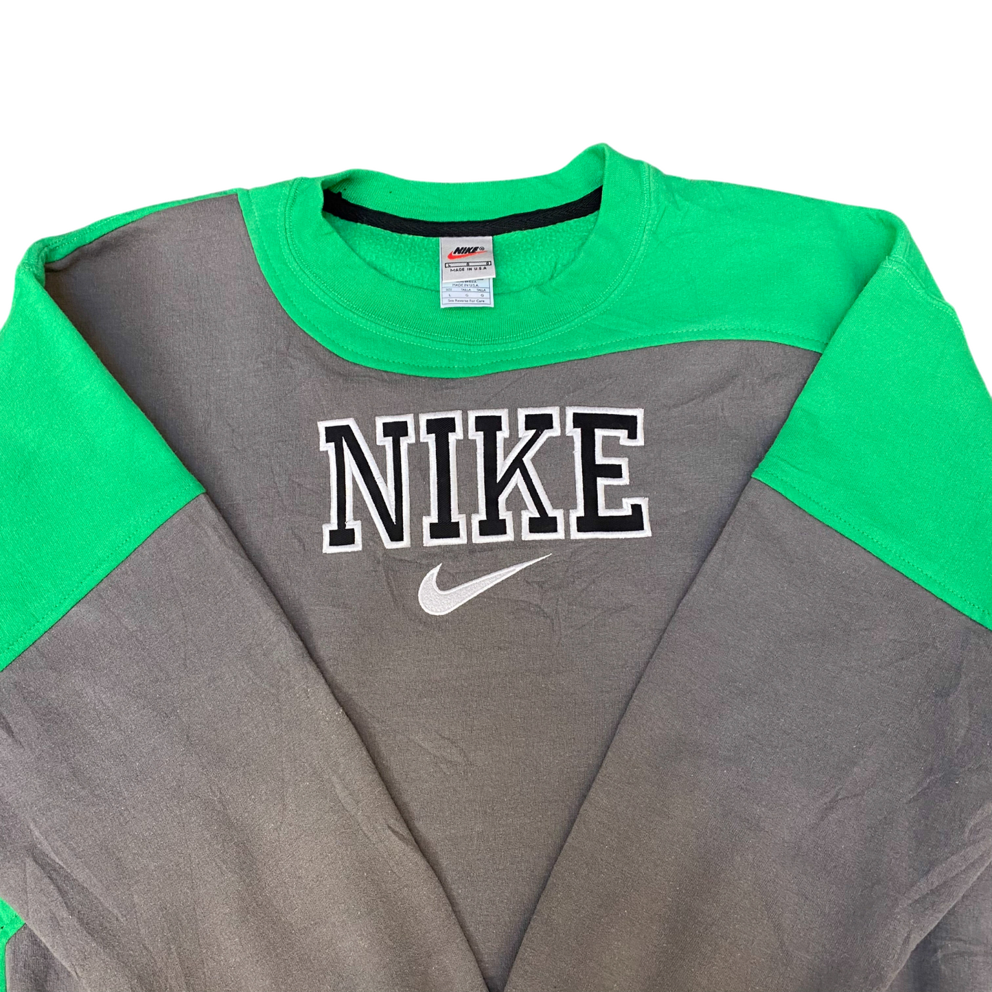 Nike Reworked Sweatshirt Mens Large Green Grey Embroidered Spell Out Logo Y2K