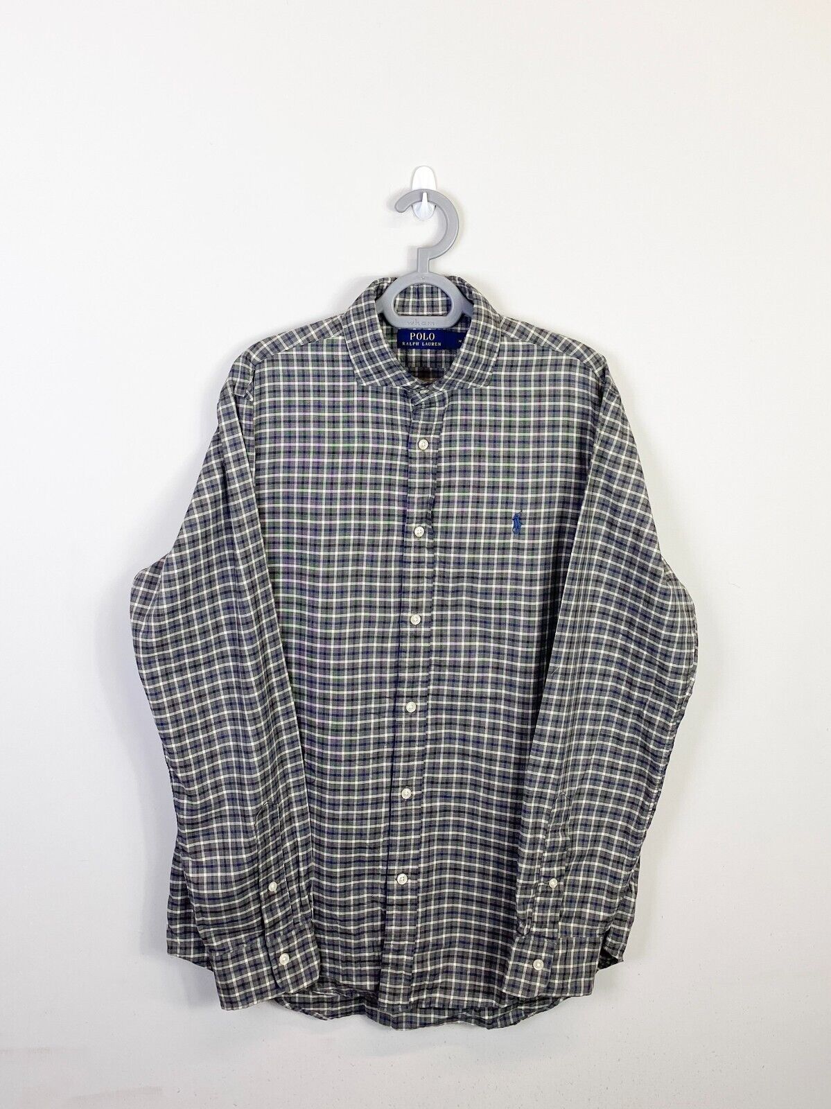 Ralph Lauren Shirt Mens Medium Grey Checkered Casual Blue Small Polo Pony Logo