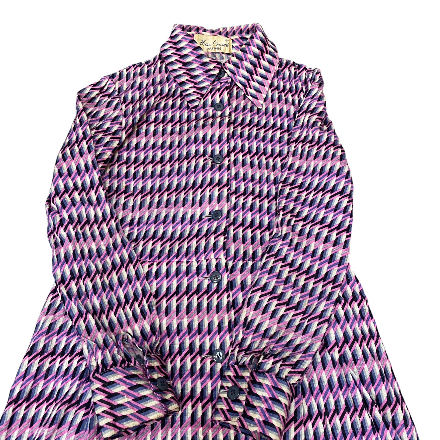 Miss Onward A-Line Dress Womens S Multi Geo Print Long Sleeve Button Front